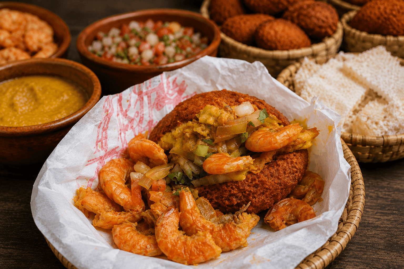 Acarajé opened and generously filled with traditional Bahian accompaniments and shrimp.