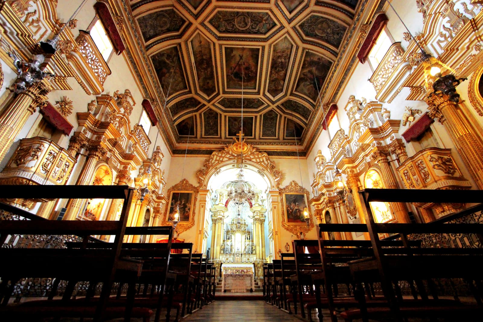 Richly ornamented gilded interior of the Church and Convent of São Francisco in Salvador.