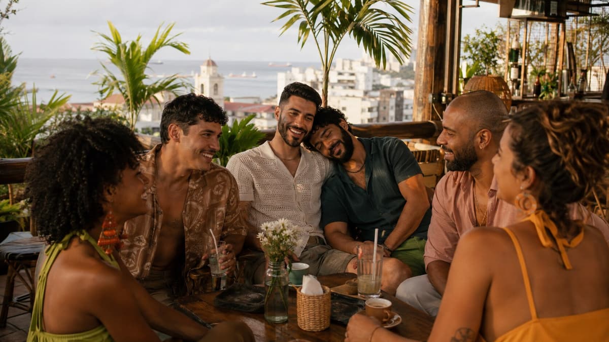 A diverse group of friends sharing drinks at an open-air café in Salvador, with one man resting his head affectionately on his partner’s shoulder.