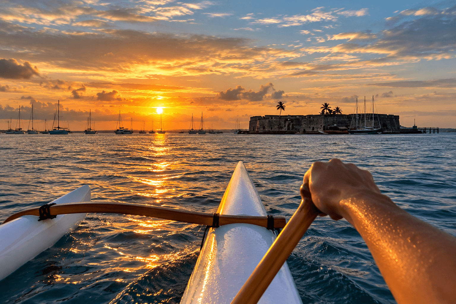 Paddlers in an outrigger canoe moving across All Saints Bay toward Forte São Marcelo in Salvador.