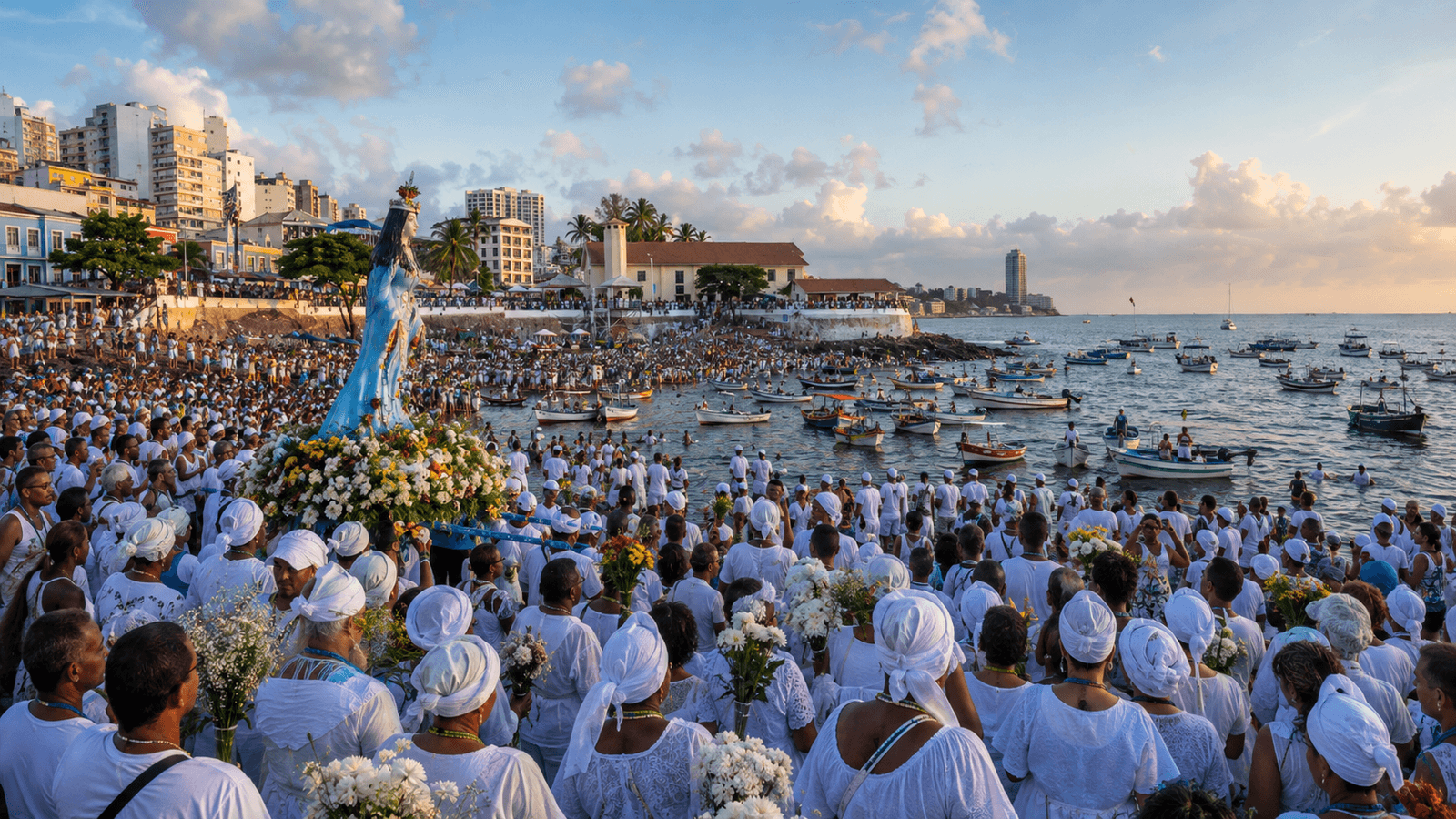 Vista panorámica de la Festa de Iemanjá en Rio Vermelho, con una gran multitud vestida principalmente de blanco, flores y barcos pesqueros reunidos junto al mar.