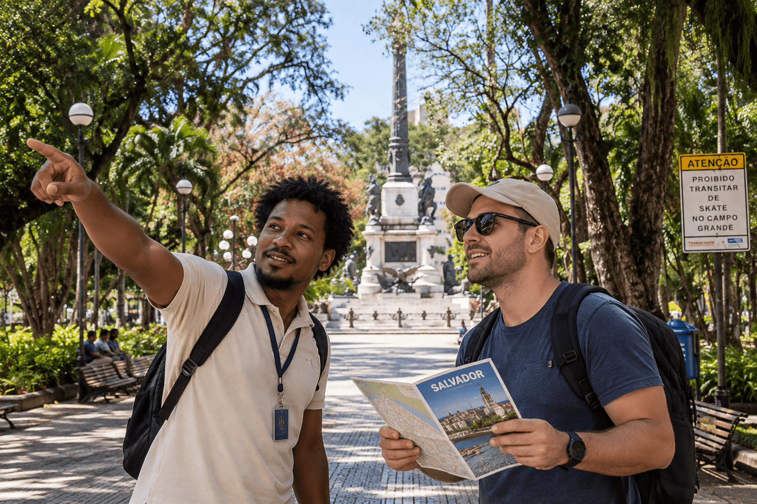 A Salvador resident giving directions to an international visitor in Praça do Campo Grande, with the square's monument, trees and benches in the background.