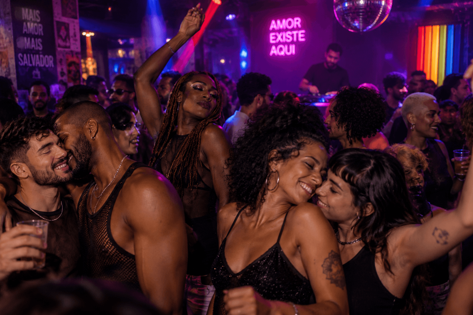 LGBTQIA+ party in Salvador with dancers, club lights, a disco ball and a neon sign reading Amor Existe Aqui.