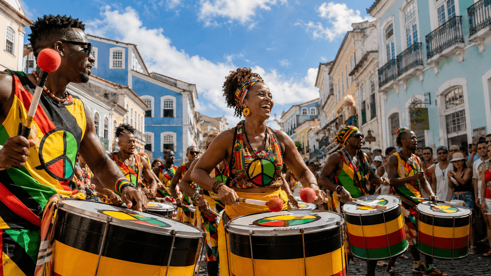 Percussionnistes d'Olodum en représentation à Salvador, avec les tambours et les couleurs emblématiques du bloco afro.