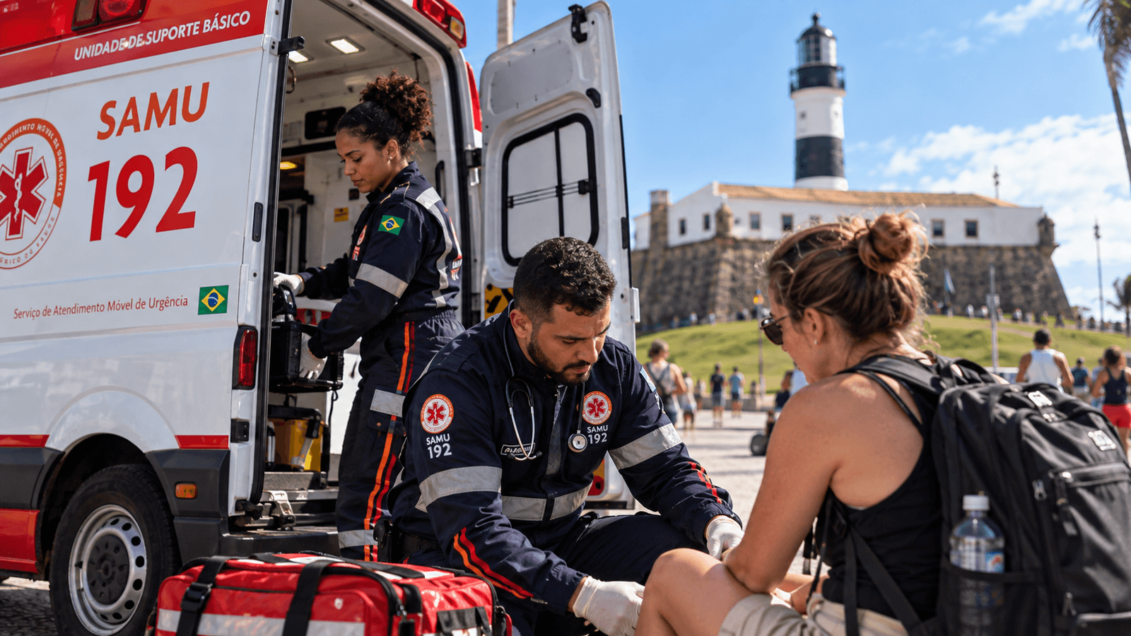SAMU 192 emergency medical team assisting a visitor beside an ambulance in Salvador, with Farol da Barra in the background.
