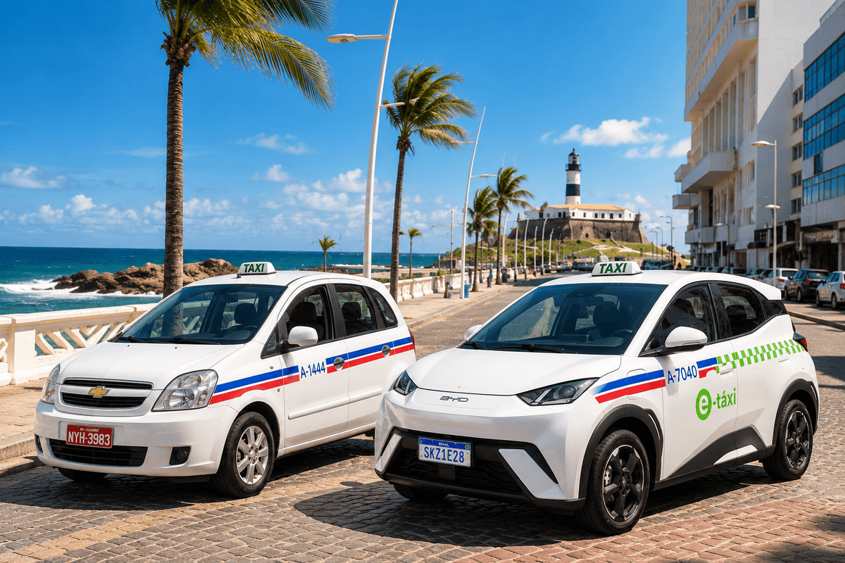 A conventional Salvador taxi and an electric e-taxi showing the city's blue, red and green identification markings near Farol da Barra.