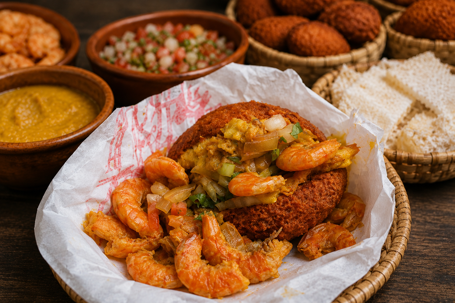 Acarajé abierto y generosamente relleno con acompañamientos bahianos tradicionales y camarones.