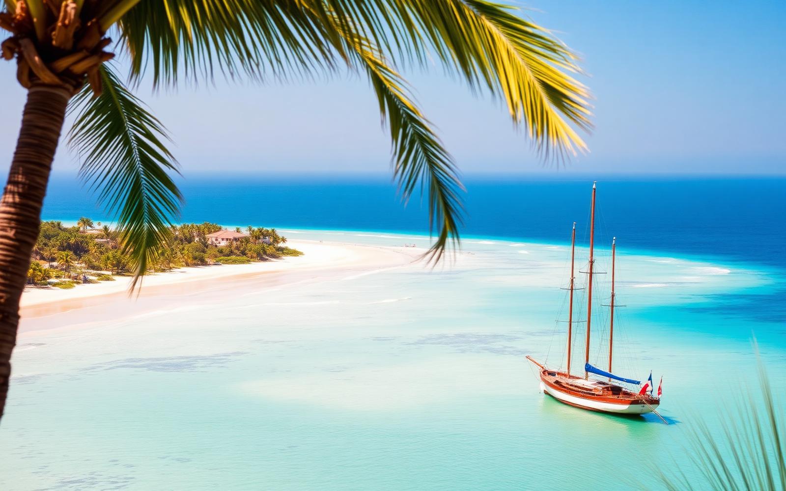 A schooner anchored in the calm turquoise water of the Baía de Todos-os-Santos.