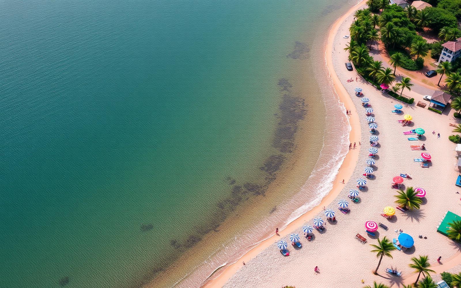 Aerial view of a crescent of sand with colourful umbrellas beside calm bay water.