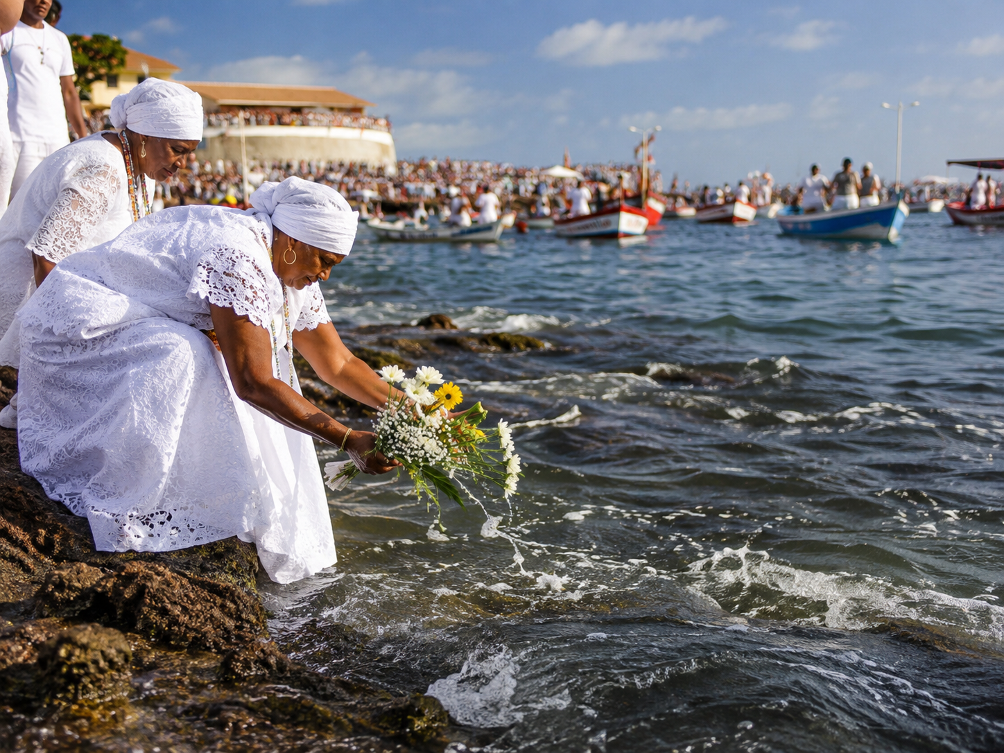 Mujeres vestidas de blanco depositan flores junto al mar durante la Festa de Iemanjá en Salvador, con barcos pesqueros frente a la costa.