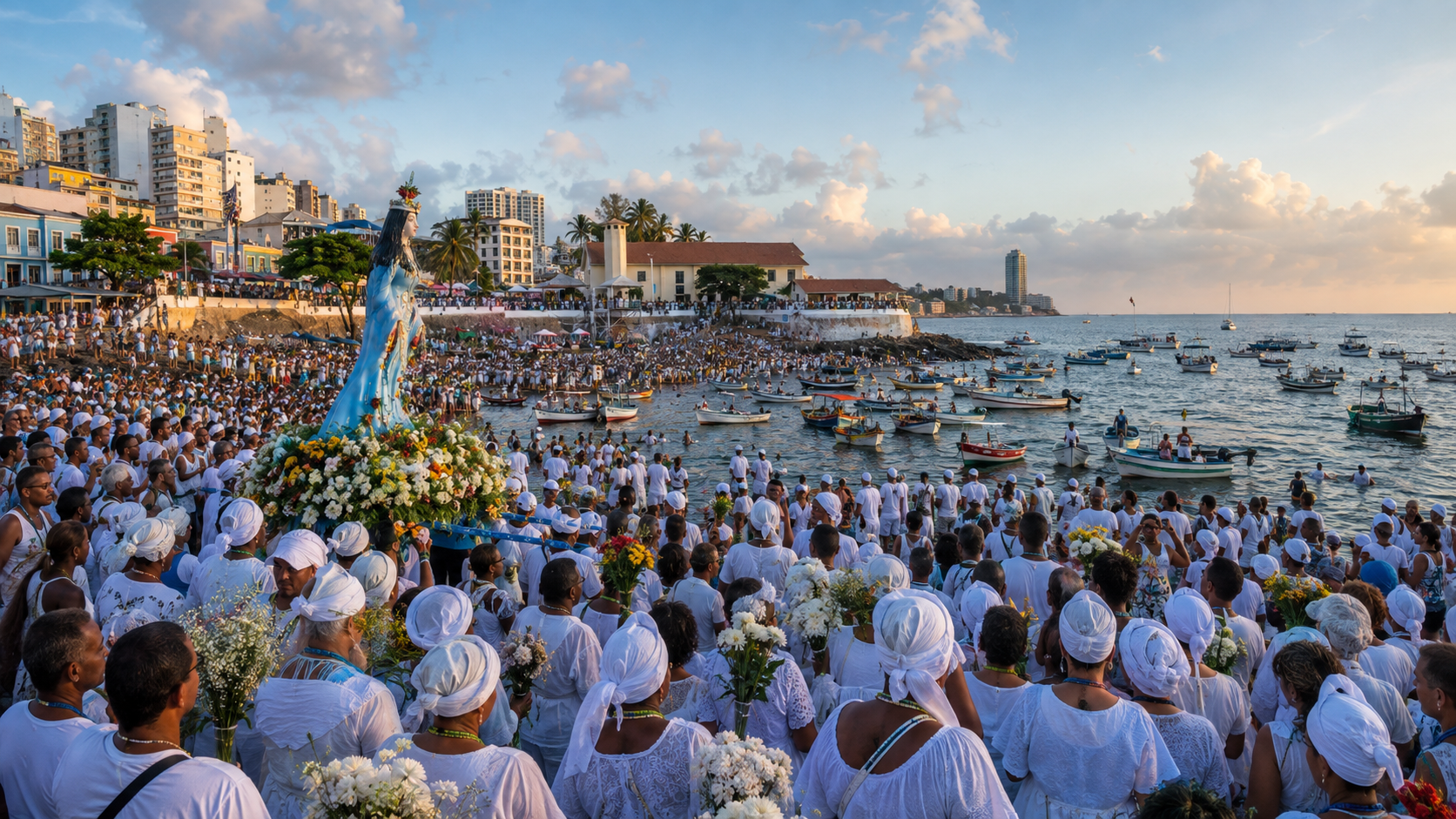 Vista panorámica de la Festa de Iemanjá en Rio Vermelho, con una gran multitud vestida principalmente de blanco, flores y barcos pesqueros reunidos junto al mar.