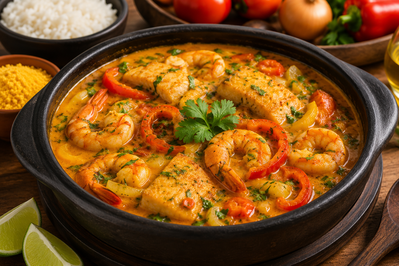 Moqueca bahiana con pescado y camarones en cazuela de barro, servida con arroz y farofa.