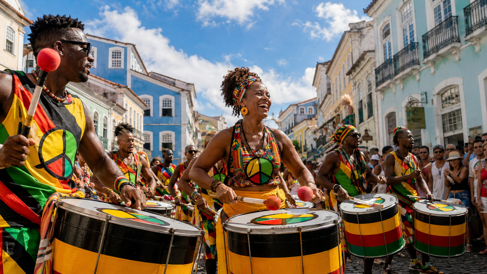 Percussionnistes d'Olodum en représentation à Salvador, avec les tambours et les couleurs emblématiques du bloco afro.