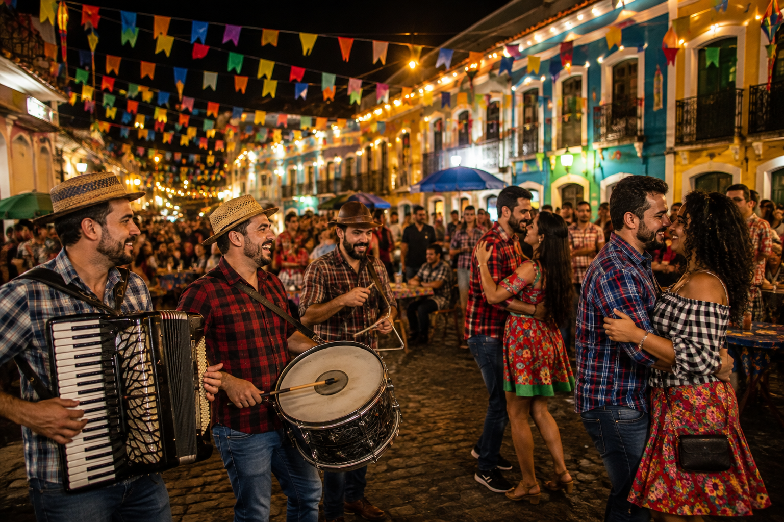 Trio de forró jouant accordéon, zabumba et triangle pendant que des couples dansent sous des bandeirinhas colorées à Salvador.
